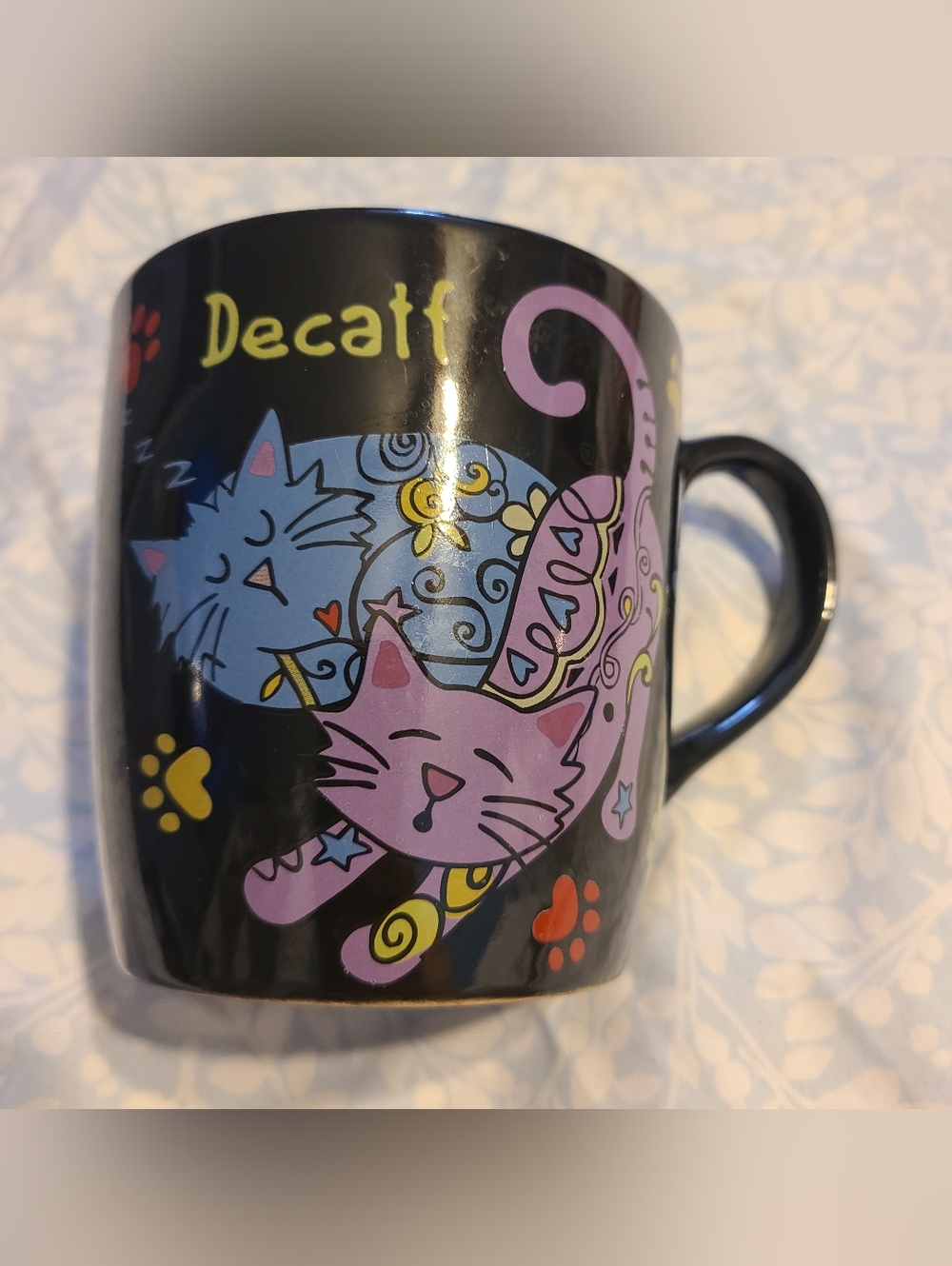 Black Cat Ceramic Mug with Pink & Blue Cat Design